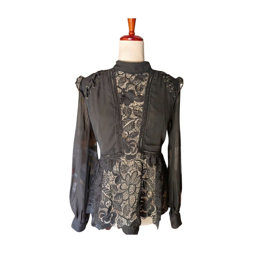 Self Portrait Black Lace High‎ Neck Corset Style Peplum Blouse Women US 0